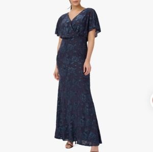 New Adrianna Papell Floral Blue burnout velvet long blouson gown Size 2